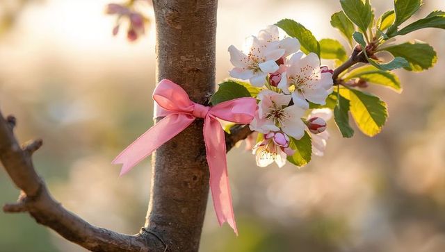 Spring Blossom Branch with Pink Ribbon in Golden Light