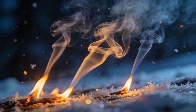 Three small flames burning on snow with curling smoke plumes and glowing embers at dusk