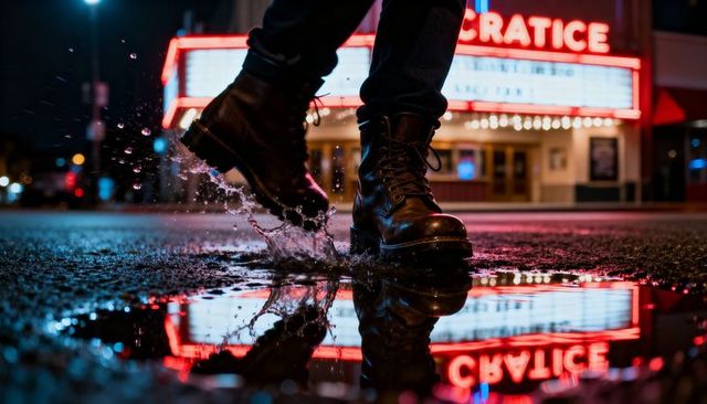 Striding boots splashing through puddle with neon theater reflection at night