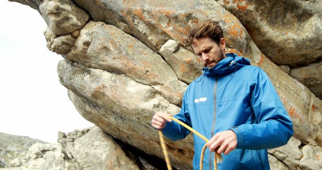 Man Preparing Climbing Rope Against Rocky Mountain Outdoors - Download Free Stock Images Pikwizard.com