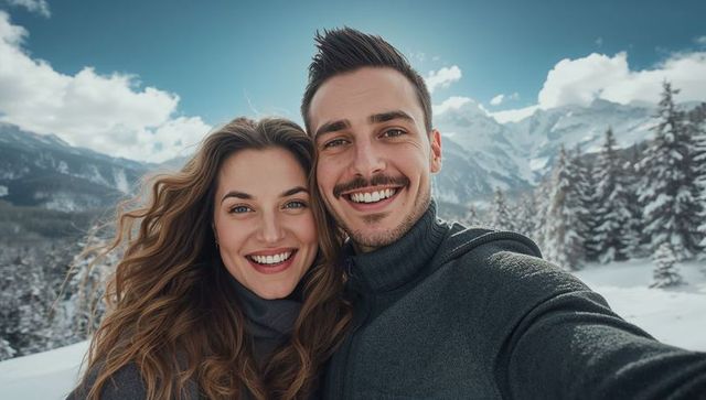 Happy Couple Taking Selfie in Winter Mountain Wonderland