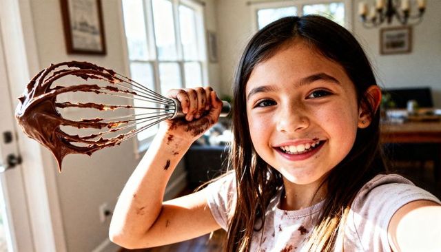 Smiling preteen girl holding chocolate-covered whisk, messy home baking, sunny joy