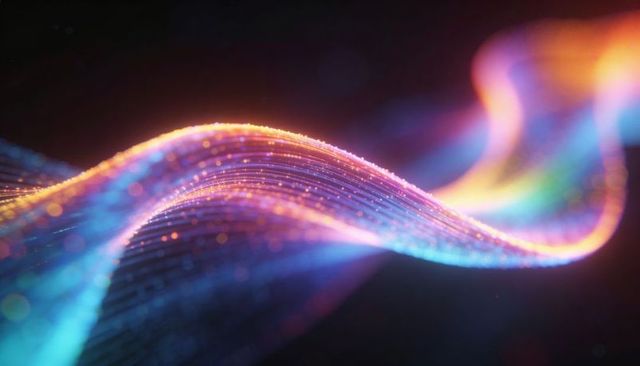 Glowing rainbow light wave flowing over dark backdrop with sparkling particle trail