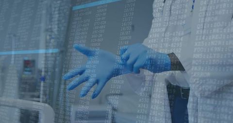 Doctor Wearing Blue Gloves Overlayed with Digital Code in Clinical Environment