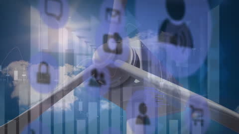 Wind Turbine and Digital Icons Overlapping a Cloudy Sky