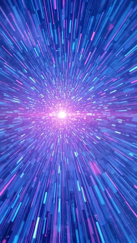 Traveling through neon hyperspace with pulsing core and radial streaks vertical video