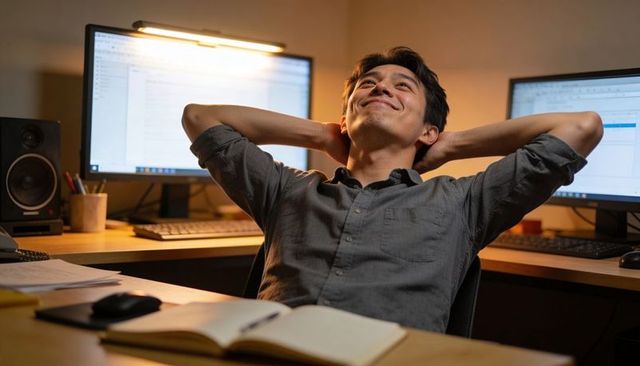 Young professional leaning back and smiling in late-night home office with dual monitors