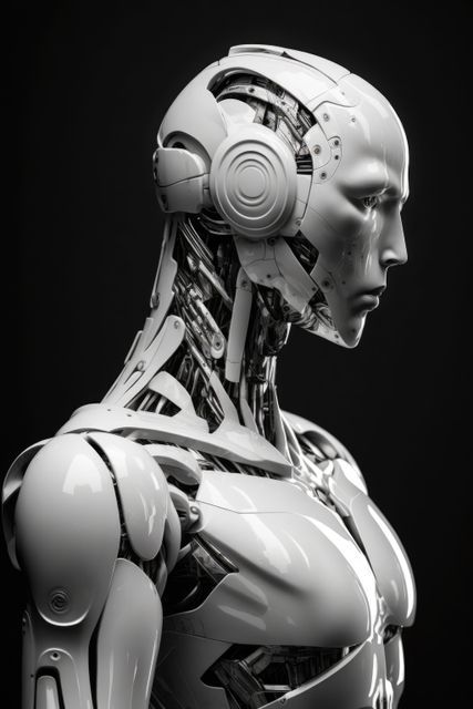 Human robot with white robot parts and empty eyes, created using generative ai technology. Cyber, android, futuristic and human robot concept.