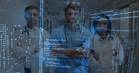 Medical team analyzing holographic patient data with digital analytics in hospital corridor