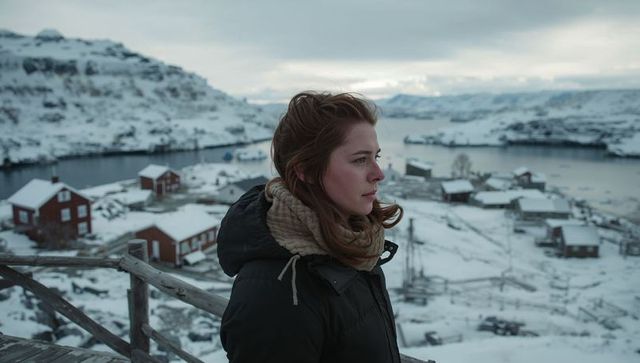 Young woman gazing over snow-covered harbor from wooden lookout with red coastal cabins