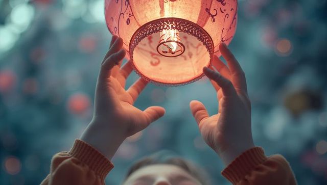 Child reaching for glowing lantern amidst festive atmosphere