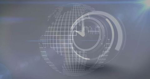 Futuristic wireframe globe overlaid with clock in digital background