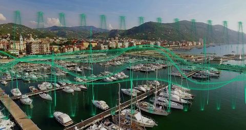 Marina with yachts and green waveform overlays for futuristic nautical village
