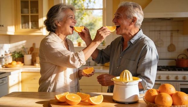 Senior couple laughing, feeding each other orange slices in sunlit cozy kitchen