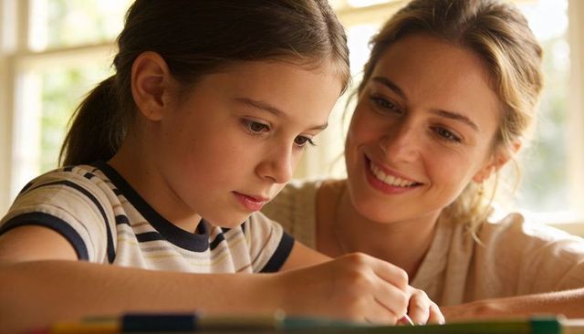Mother guiding daughter drawing at home table with colored pencils, cozy learning
