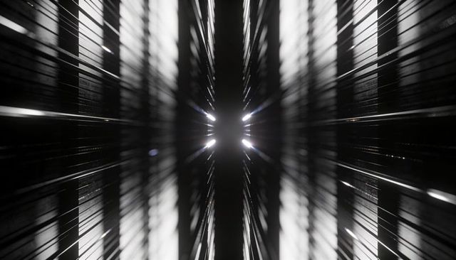 Converging light beams in mirrored high-contrast tunnel with symmetrical reflections