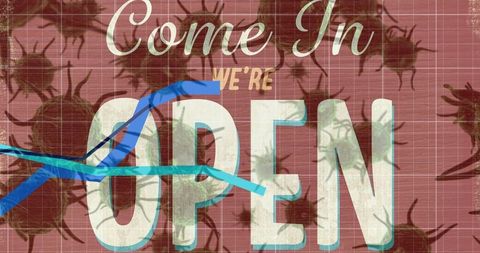 Reopening sign with viral background signifying pandemic awareness