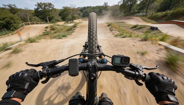 Pov mountain biking pump track riding lifting front wheel over dirt jumps gopro camera