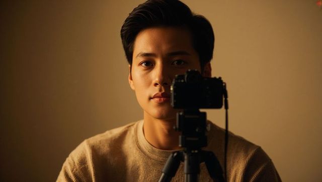 Young asian male adjusting dslr camera on tripod under warm moody studio lighting