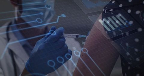 Doctor administering injection with futuristic digital interface overlay