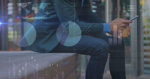 Businessman Analyzing Financial Data on Smartphone Amidst Charts