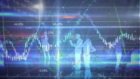 Silhouetted Business Professionals with Data Overlays