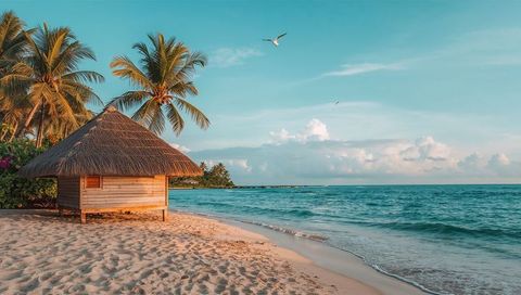 Thatched beach hut on stilts sunrise palm trees calm turquoise ocean coastal retreat