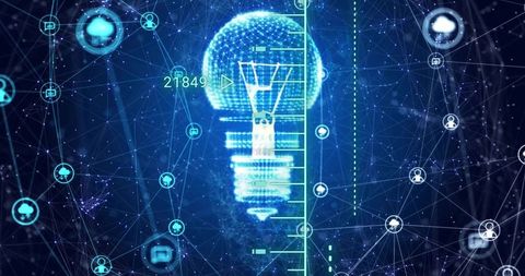 Holographic light bulb connecting digital network and data visualization