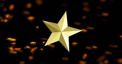 a white 3d star positioned in front of a moving display of golden decorations creating a contrast against a black background. perfect for holiday-themed advertisements, greeting cards, or festive event invitations. the digital aspect offers a modern and stylish element to seasonal promotion materials.
