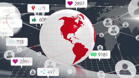 Animated visualization shows Earth spinning with interactive social media icons around globe, illustrating concept of global data sharing and communication networks. Ideal for use in digital marketing materials, presentations about global connectivity, or educational content on social media impact.