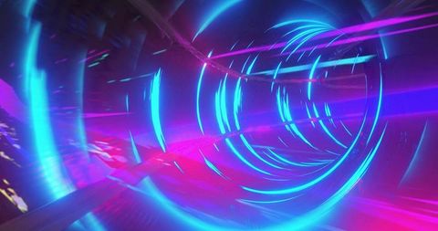 Neon tunnel portal receding with glowing concentric rings and cyberpunk light trails