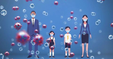 Family wearing masks amid virus illustrations for health safety