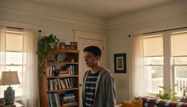 Teen standing in sunlit living room wearing striped t-shirt and gray hoodie, thoughtful
