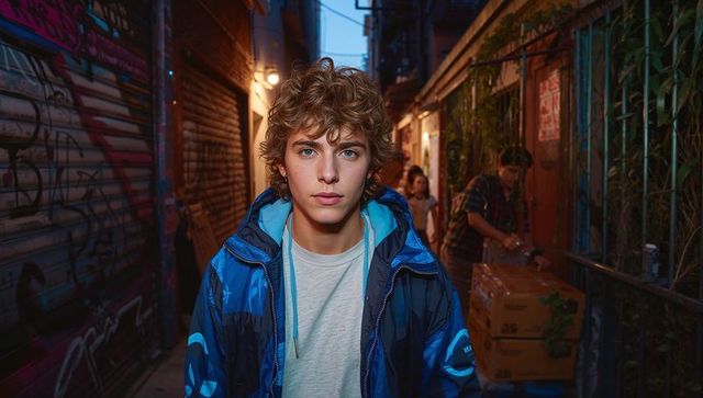 Teenager wearing blue hooded jacket standing in graffiti alley at twilight portrait