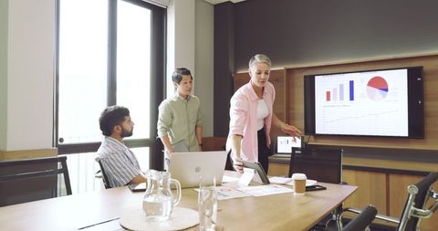Business team analyzing financial data in modern conference room