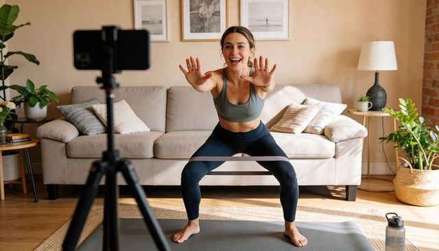 Recording resistance-band squat tutorial in cozy sunlit living room with phone tripod
