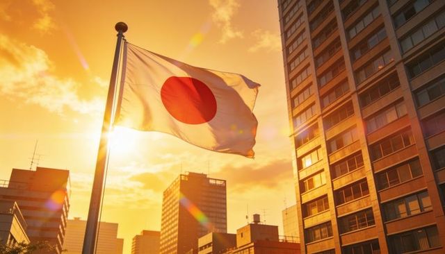 Japanese flag billowing over city skyline at golden sunset