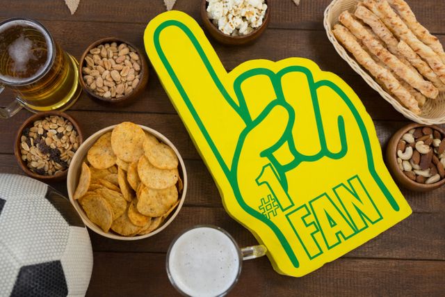Foam hand and various snacks arranged on wooden table, perfect for illustrating game day celebrations, sports events, or fan gatherings. Ideal for use in advertisements, social media posts, or articles related to sports, parties, and fan culture.