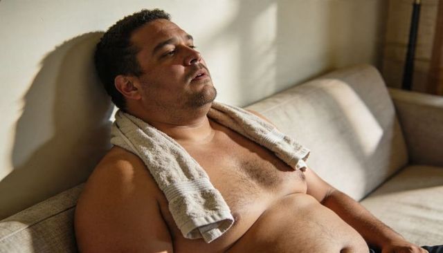 Shirtless man resting on beige sofa with towel on shoulders, sunlit blinds casting shadows