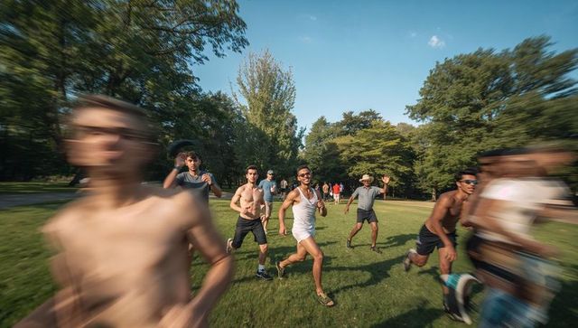 Running smiling man in white tank leading group through park with motion blur