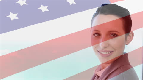 American Flag Overlay with Smiling Woman Portrait