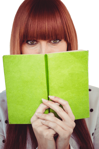 Transparent hipster woman reading green book