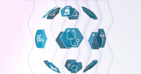 Floating Hexagon Medical Icons in Digital Sphere Design