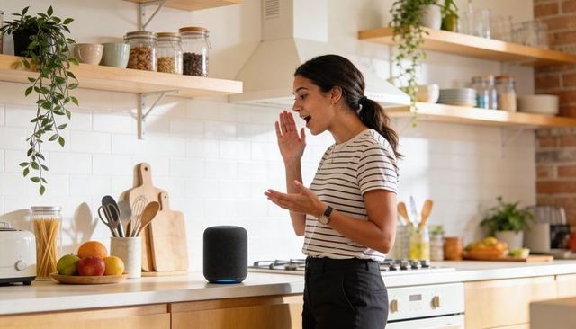 Indian woman speaking to smart speaker in modern cozy kitchen using voice assistant