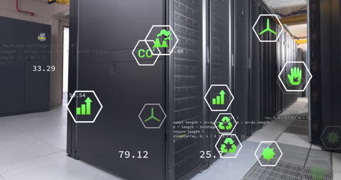 Sustainable Technology Icons Overlay on Data Server Room