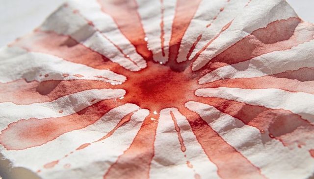Crimson liquid spreading across absorbent paper with radial stain pattern and texture