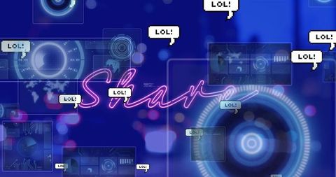 Futuristic neon digital interface with communication symbols