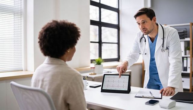 Doctor pointing at ecg tablet while consulting patient in modern clinic
