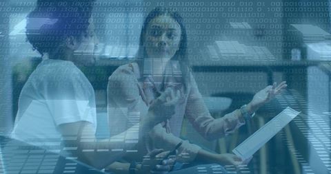 Business Professionals Discussing Analytics with Data Overlay