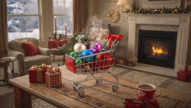 Cozy Holiday Living Room with Festive Decorations and a Shopping Cart Centerpiece